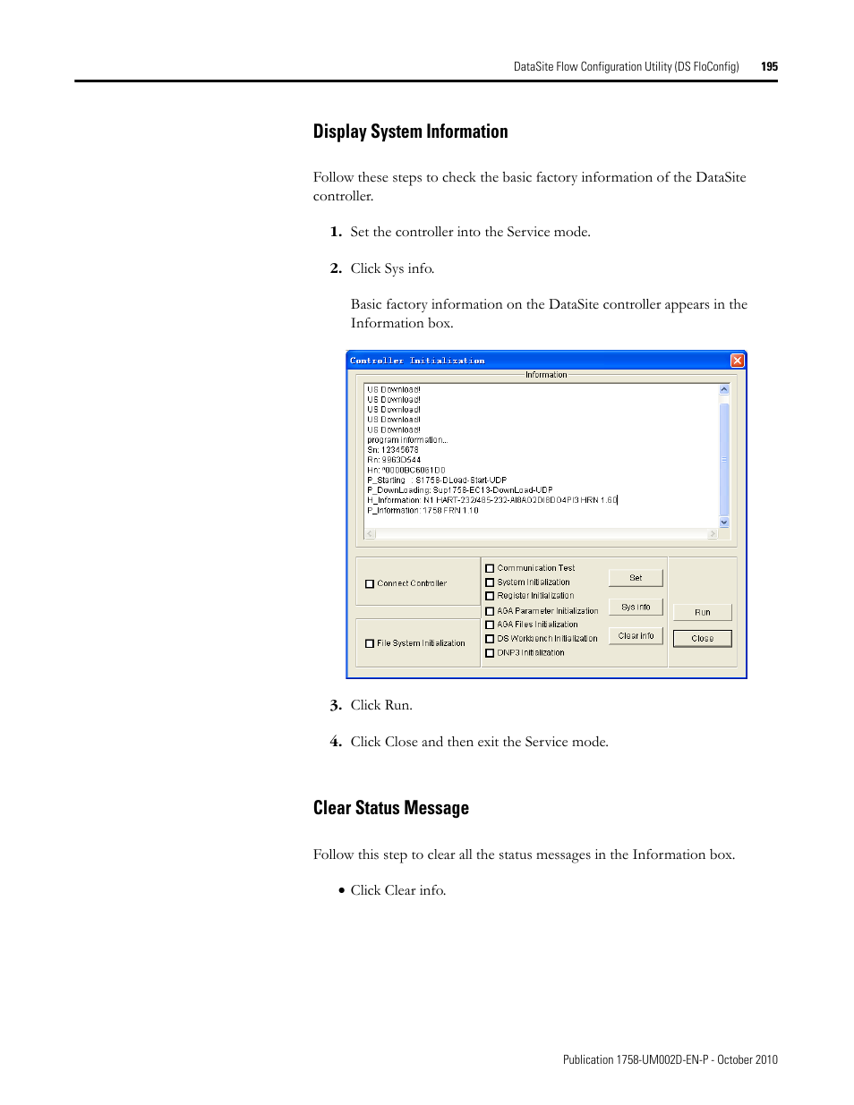 Display system information, Clear status message, Display system information clear status message | Rockwell Automation 1758-RTU202 DataSite Software User Manual FRN 1.2 User Manual | Page 195 / 348