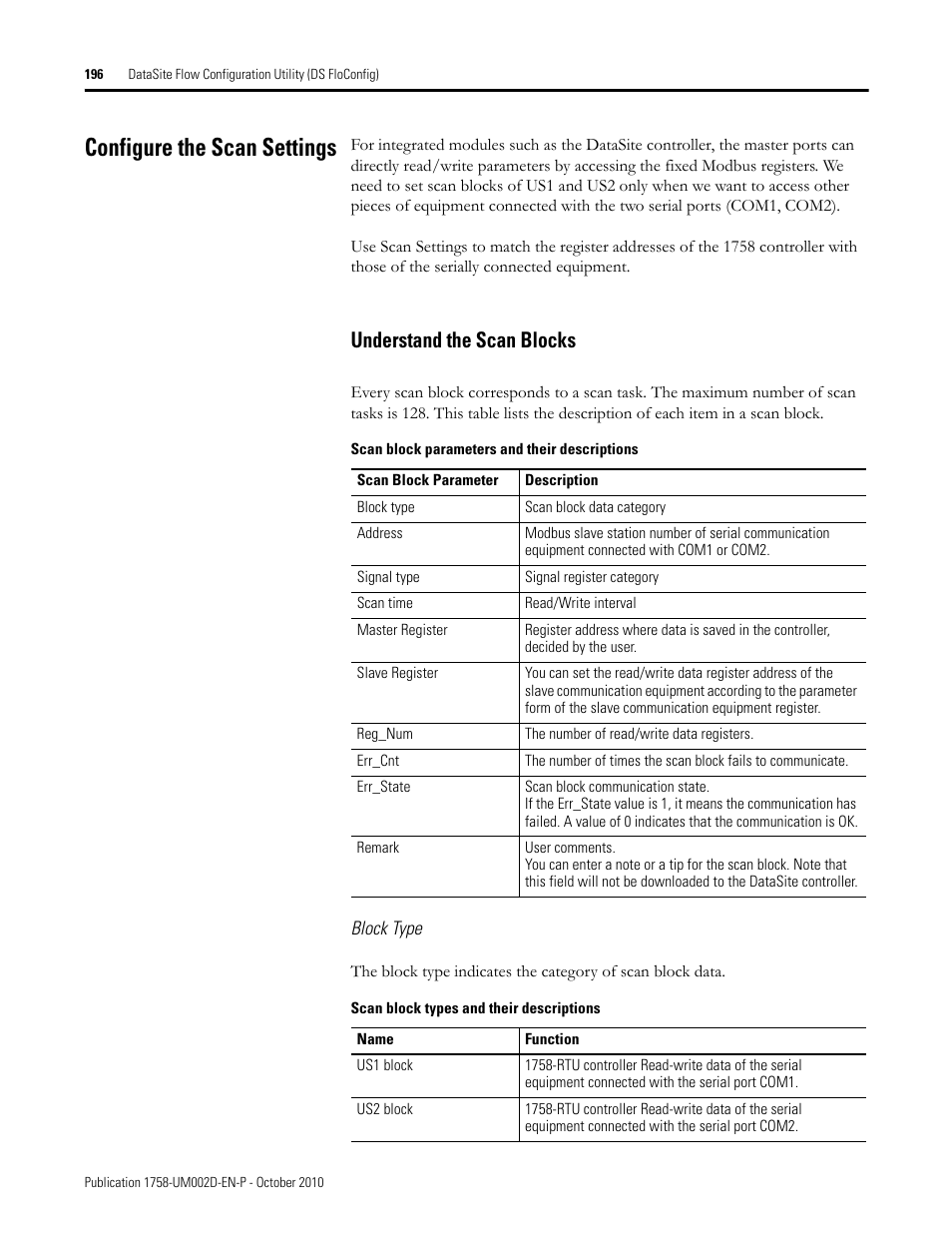 Configure the scan settings, Understand the scan blocks | Rockwell Automation 1758-RTU202 DataSite Software User Manual FRN 1.2 User Manual | Page 196 / 348