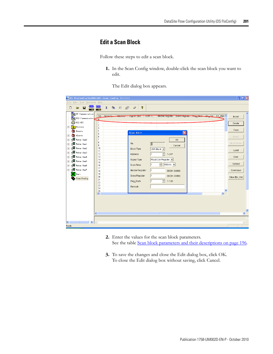 Edit a scan block | Rockwell Automation 1758-RTU202 DataSite Software User Manual FRN 1.2 User Manual | Page 201 / 348