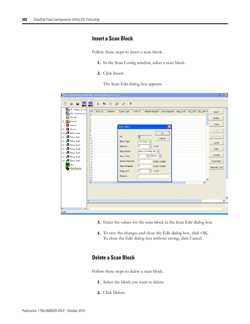 Insert a scan block, Delete a scan block, Insert a scan block delete a scan block | Rockwell Automation 1758-RTU202 DataSite Software User Manual FRN 1.2 User Manual | Page 202 / 348
