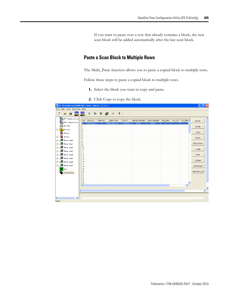 Paste a scan block to multiple rows | Rockwell Automation 1758-RTU202 DataSite Software User Manual FRN 1.2 User Manual | Page 205 / 348