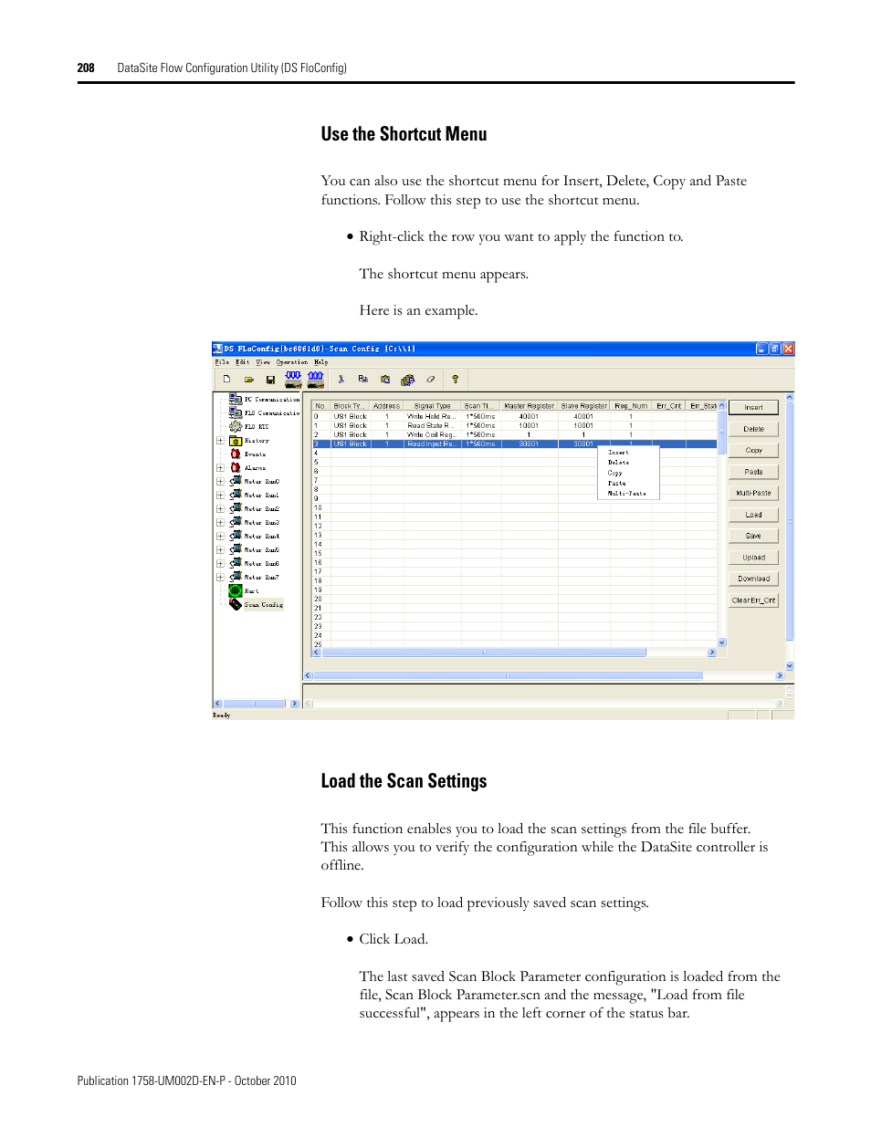Use the shortcut menu, Load the scan settings, Use the shortcut menu load the scan settings | Rockwell Automation 1758-RTU202 DataSite Software User Manual FRN 1.2 User Manual | Page 208 / 348