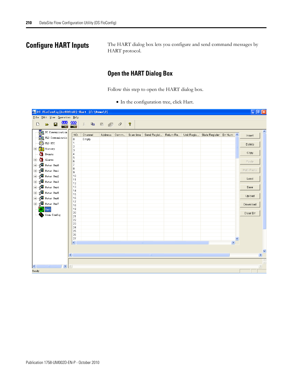 Configure hart inputs, Open the hart dialog box | Rockwell Automation 1758-RTU202 DataSite Software User Manual FRN 1.2 User Manual | Page 210 / 348