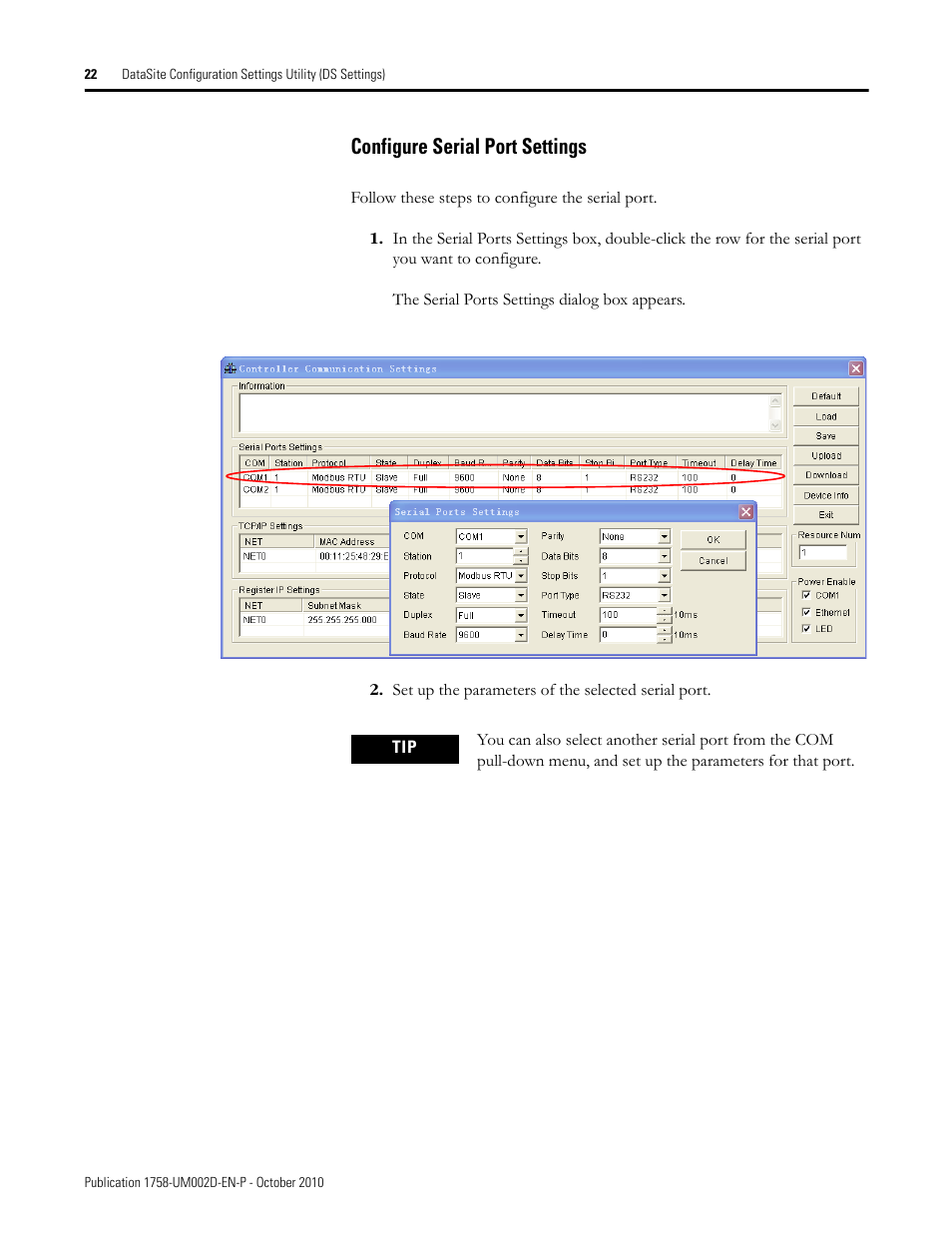 Configure serial port settings | Rockwell Automation 1758-RTU202 DataSite Software User Manual FRN 1.2 User Manual | Page 22 / 348