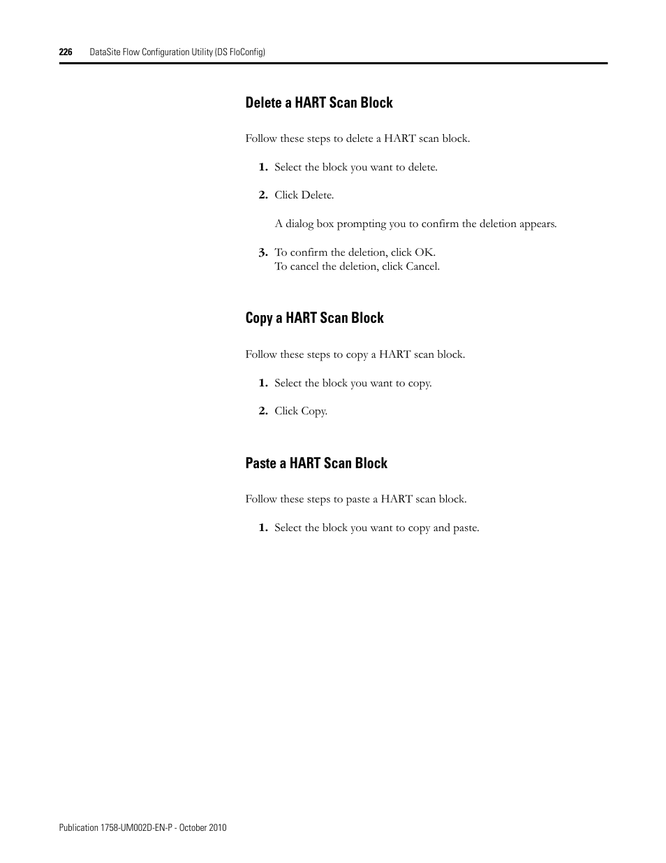 Delete a hart scan block, Copy a hart scan block, Paste a hart scan block | Rockwell Automation 1758-RTU202 DataSite Software User Manual FRN 1.2 User Manual | Page 226 / 348