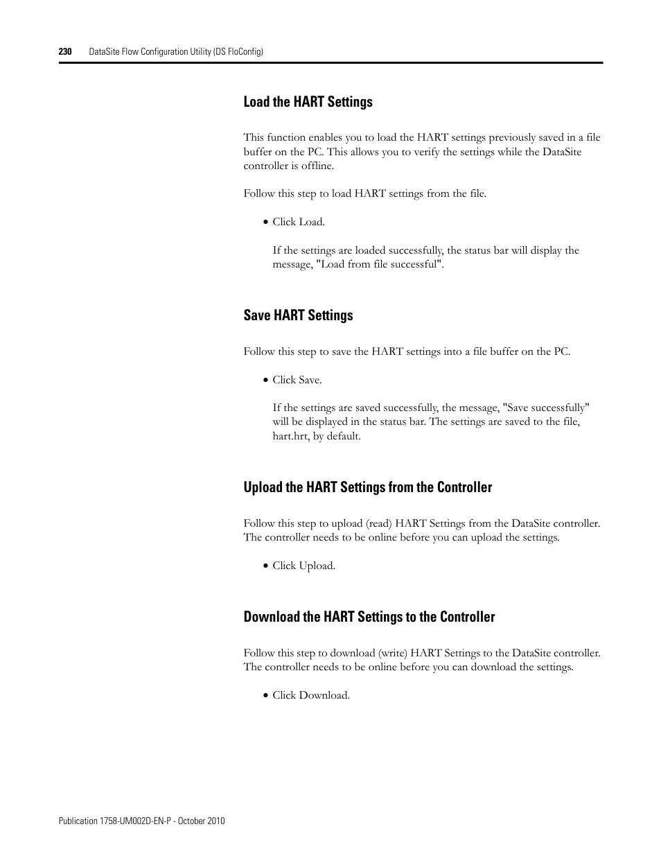 Load the hart settings, Save hart settings, Upload the hart settings from the controller | Download the hart settings to the controller | Rockwell Automation 1758-RTU202 DataSite Software User Manual FRN 1.2 User Manual | Page 230 / 348