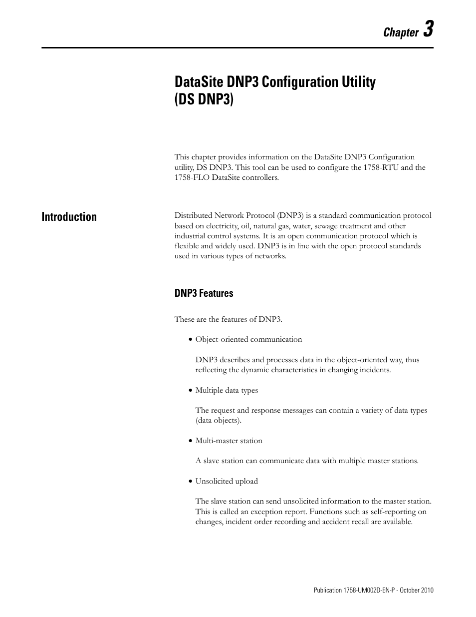 Chapter 3, Datasite dnp3 configuration utility (ds dnp3), Introduction | Dnp3 features, Chapter | Rockwell Automation 1758-RTU202 DataSite Software User Manual FRN 1.2 User Manual | Page 233 / 348