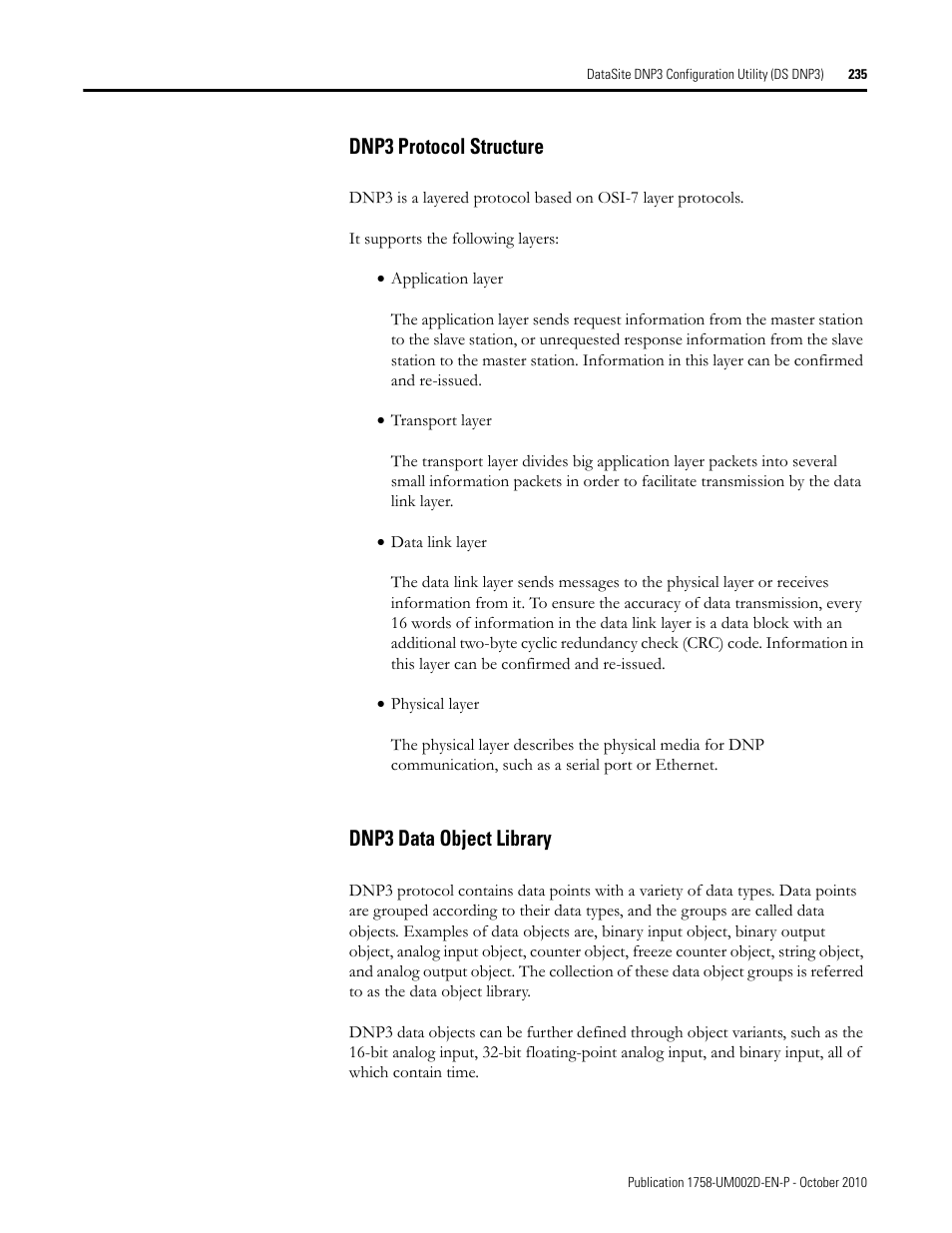 Dnp3 protocol structure, Dnp3 data object library, Dnp3 protocol structure dnp3 data object library | Rockwell Automation 1758-RTU202 DataSite Software User Manual FRN 1.2 User Manual | Page 235 / 348