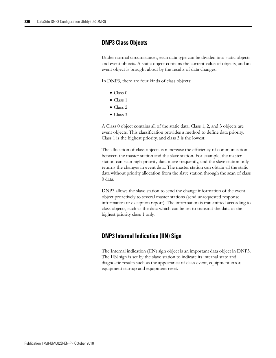 Dnp3 class objects, Dnp3 internal indication (iin) sign | Rockwell Automation 1758-RTU202 DataSite Software User Manual FRN 1.2 User Manual | Page 236 / 348