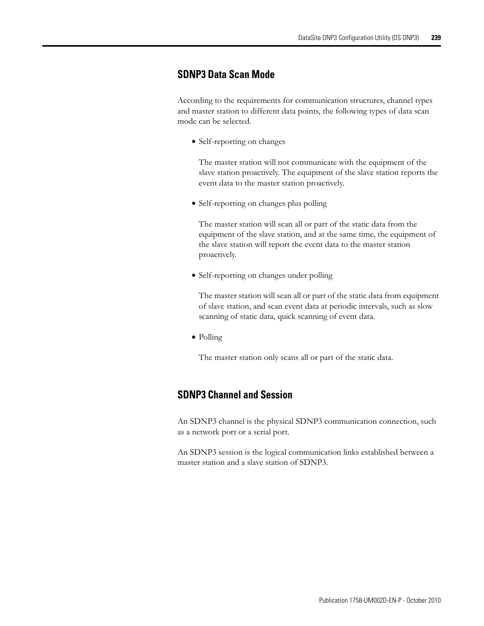 Sdnp3 data scan mode, Sdnp3 channel and session, Sdnp3 data scan mode sdnp3 channel and session | Rockwell Automation 1758-RTU202 DataSite Software User Manual FRN 1.2 User Manual | Page 239 / 348