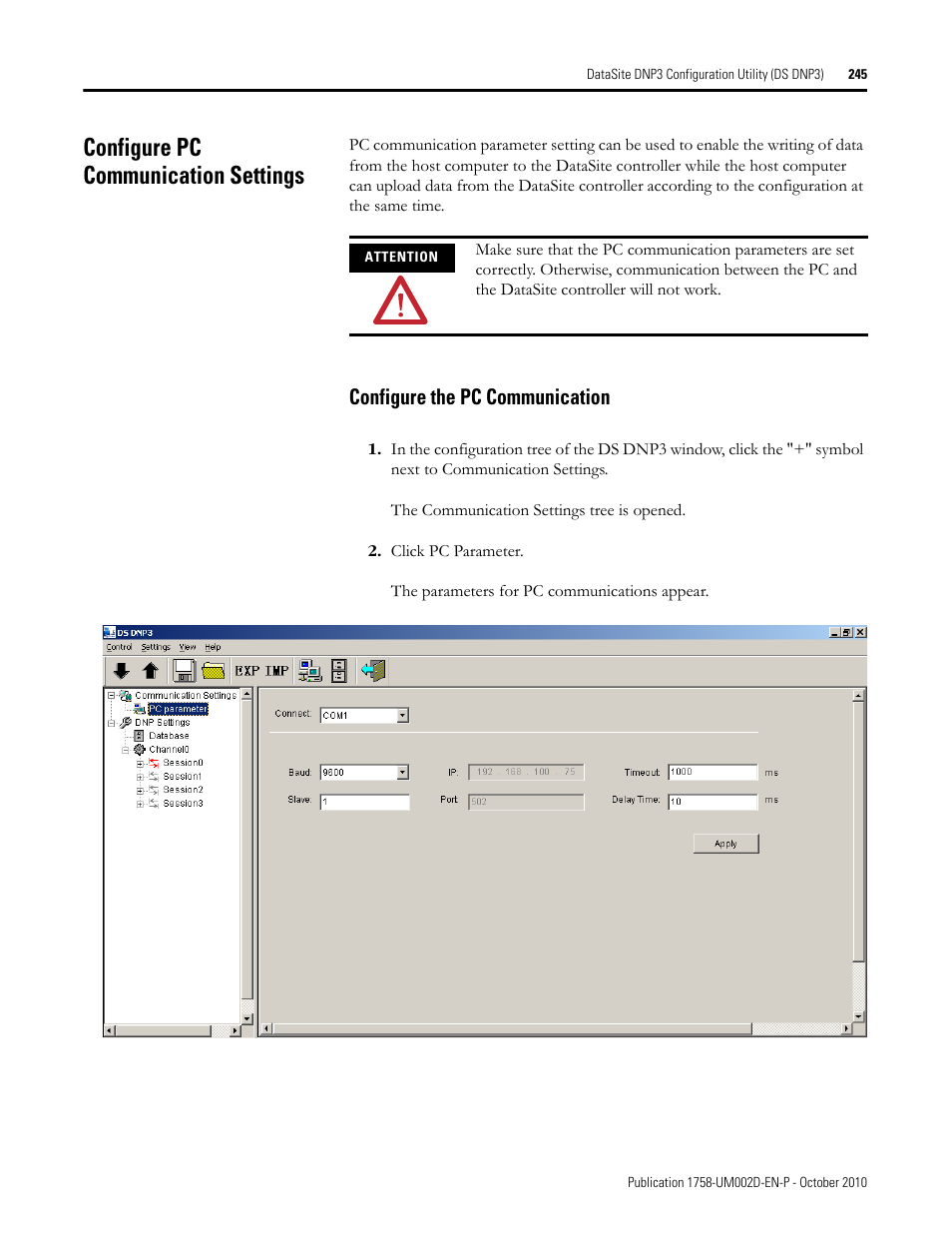 Configure pc communication settings, Configure the pc communication | Rockwell Automation 1758-RTU202 DataSite Software User Manual FRN 1.2 User Manual | Page 245 / 348