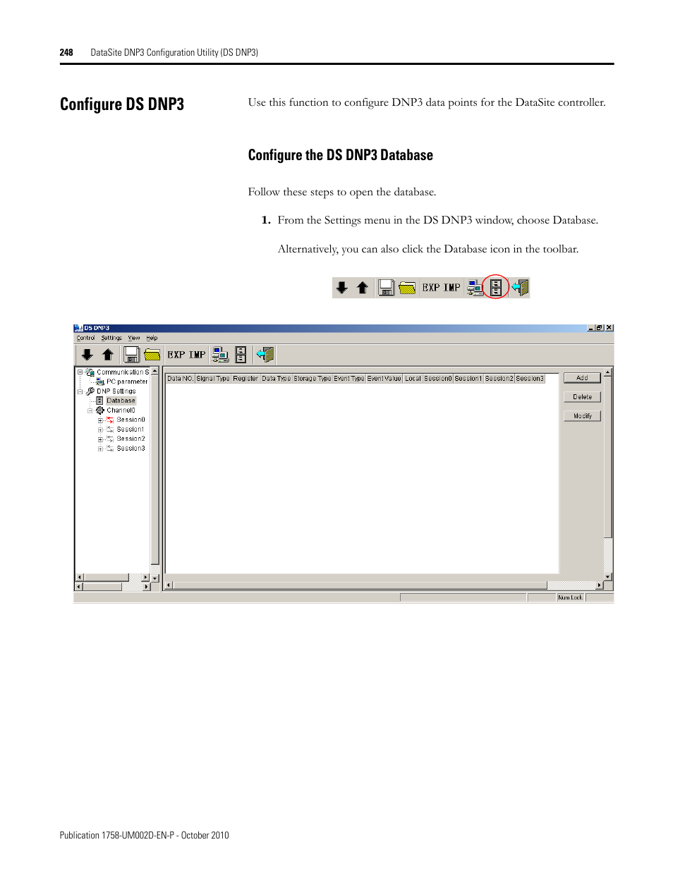 Configure ds dnp3, Configure the ds dnp3 database | Rockwell Automation 1758-RTU202 DataSite Software User Manual FRN 1.2 User Manual | Page 248 / 348
