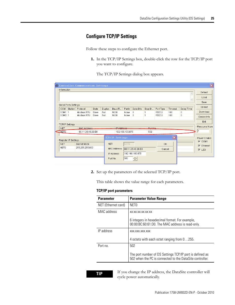 Configure tcp/ip settings | Rockwell Automation 1758-RTU202 DataSite Software User Manual FRN 1.2 User Manual | Page 25 / 348