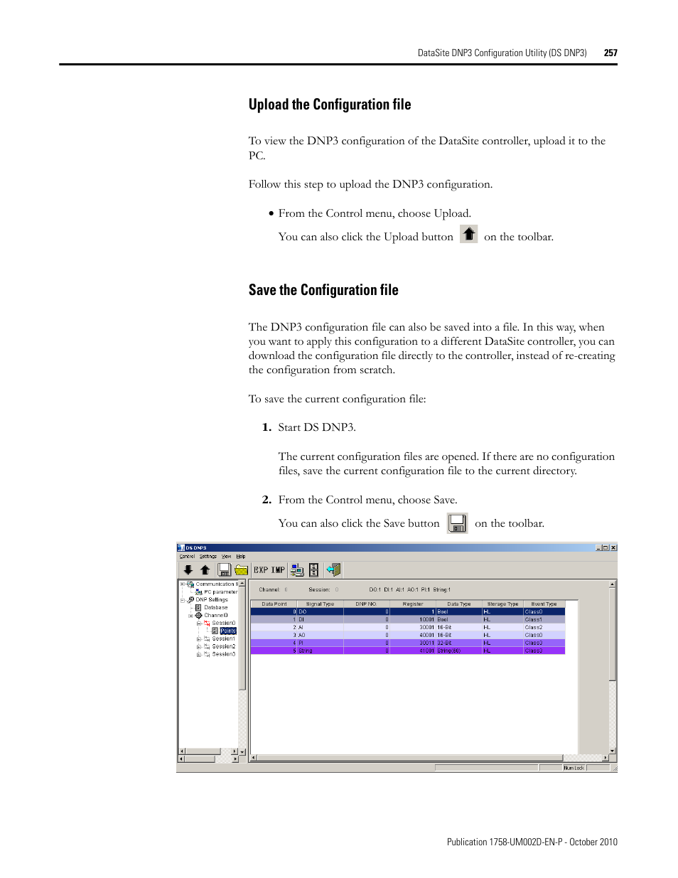 Upload the configuration file, Save the configuration file | Rockwell Automation 1758-RTU202 DataSite Software User Manual FRN 1.2 User Manual | Page 257 / 348