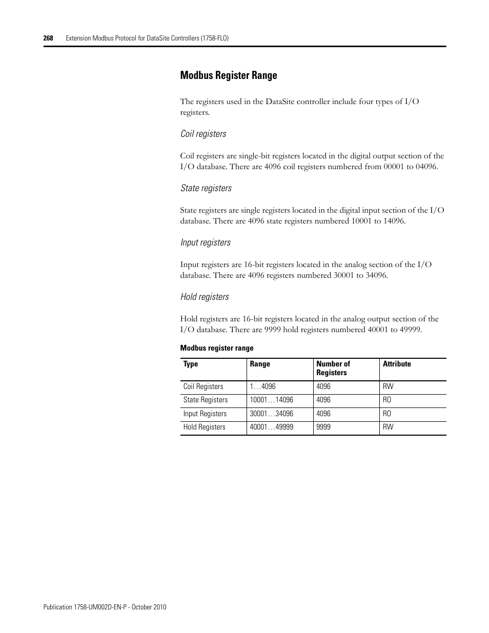 Modbus register range | Rockwell Automation 1758-RTU202 DataSite Software User Manual FRN 1.2 User Manual | Page 268 / 348