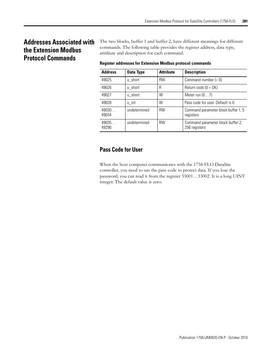 Pass code for user | Rockwell Automation 1758-RTU202 DataSite Software User Manual FRN 1.2 User Manual | Page 281 / 348