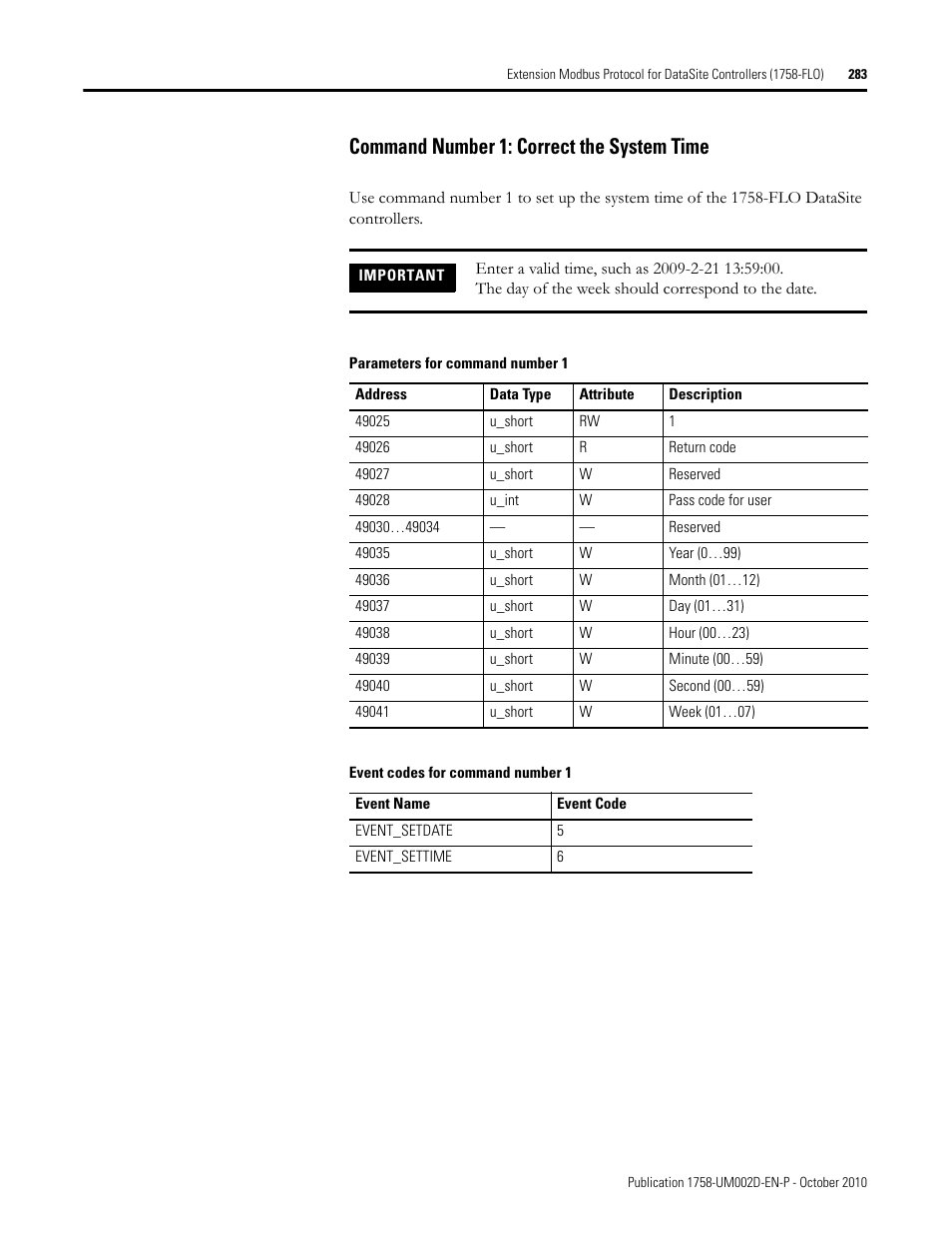 Command number 1: correct the system time | Rockwell Automation 1758-RTU202 DataSite Software User Manual FRN 1.2 User Manual | Page 283 / 348