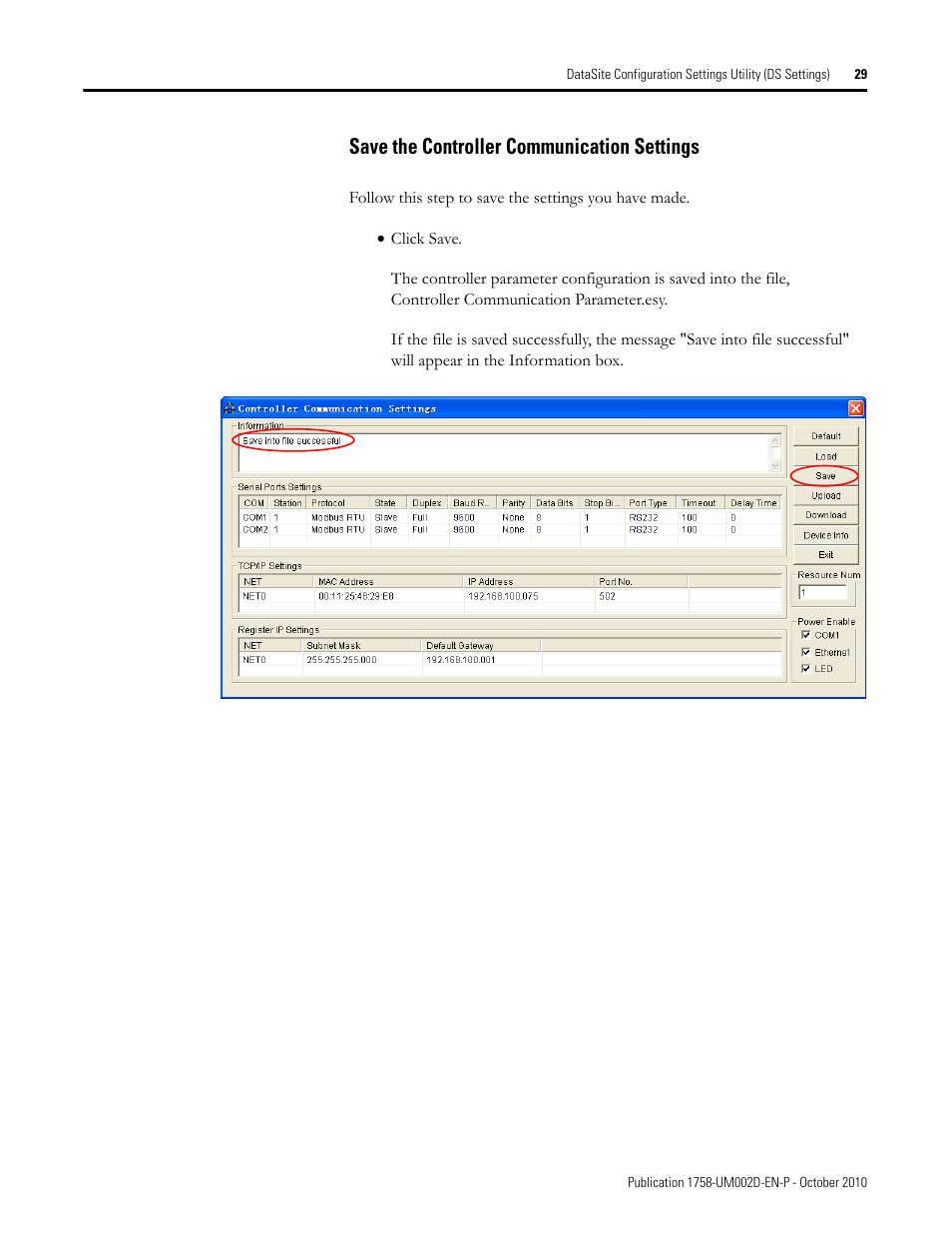 Save the controller communication settings | Rockwell Automation 1758-RTU202 DataSite Software User Manual FRN 1.2 User Manual | Page 29 / 348