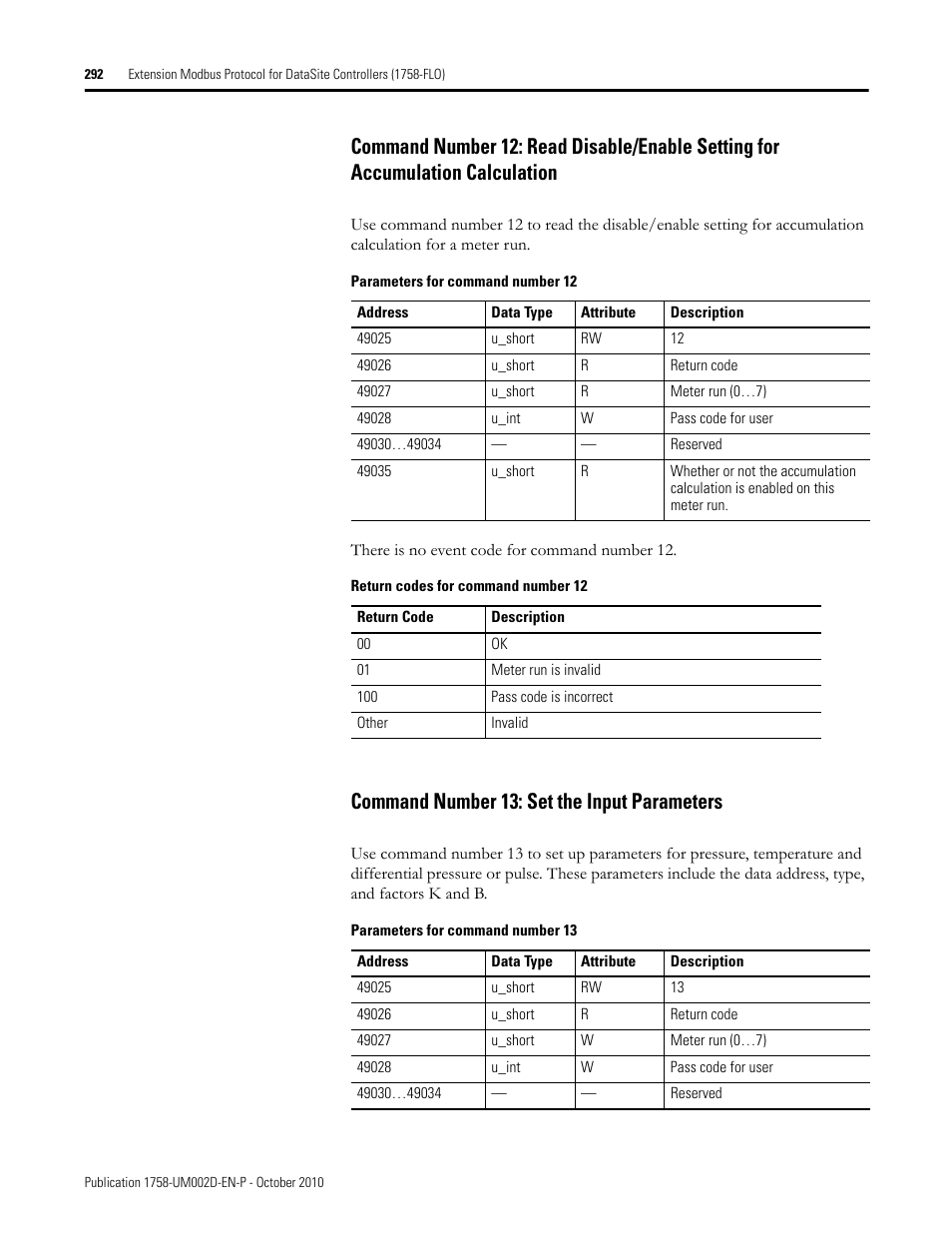 Command number 13: set the input parameters | Rockwell Automation 1758-RTU202 DataSite Software User Manual FRN 1.2 User Manual | Page 292 / 348