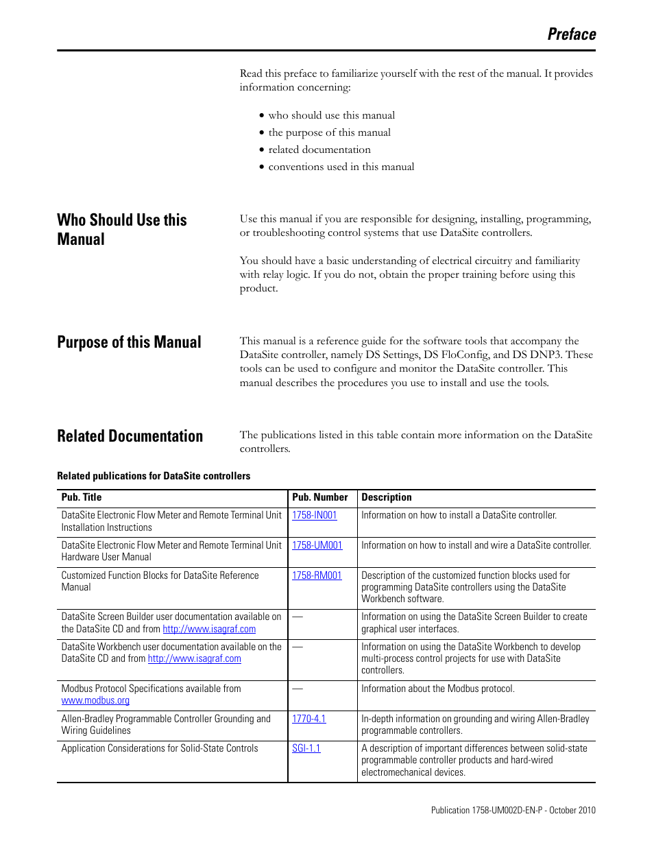 Preface, Who should use this manual, Purpose of this manual | Related documentation | Rockwell Automation 1758-RTU202 DataSite Software User Manual FRN 1.2 User Manual | Page 3 / 348