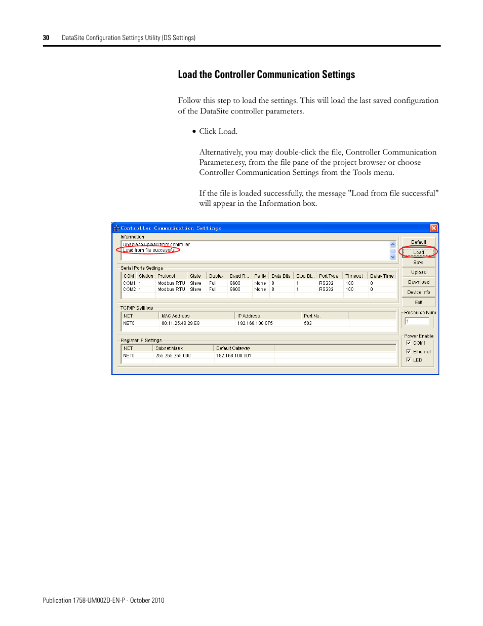 Load the controller communication settings | Rockwell Automation 1758-RTU202 DataSite Software User Manual FRN 1.2 User Manual | Page 30 / 348