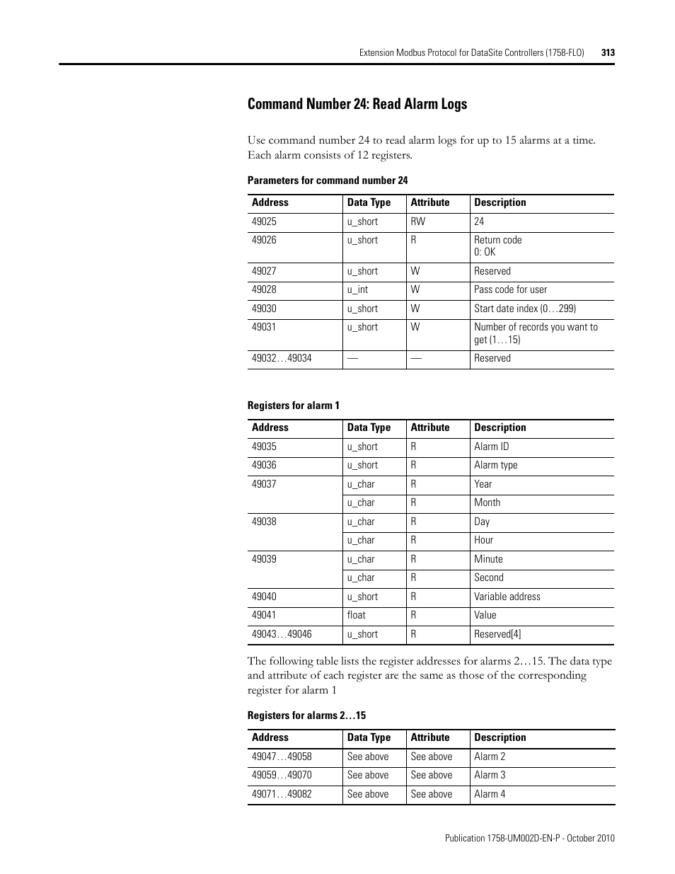 Command number 24: read alarm logs | Rockwell Automation 1758-RTU202 DataSite Software User Manual FRN 1.2 User Manual | Page 313 / 348