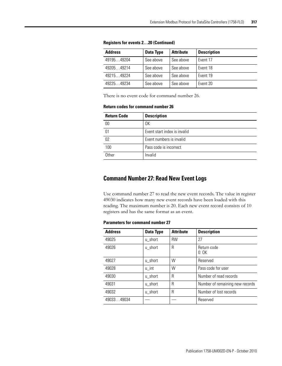 Command number 27: read new event logs | Rockwell Automation 1758-RTU202 DataSite Software User Manual FRN 1.2 User Manual | Page 317 / 348