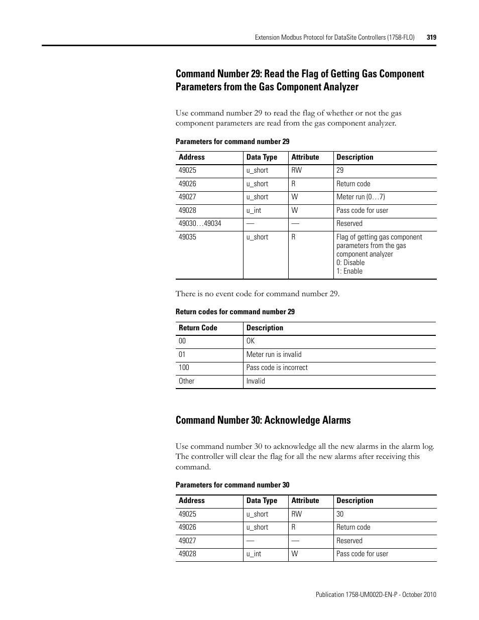 Command number 30: acknowledge alarms | Rockwell Automation 1758-RTU202 DataSite Software User Manual FRN 1.2 User Manual | Page 319 / 348