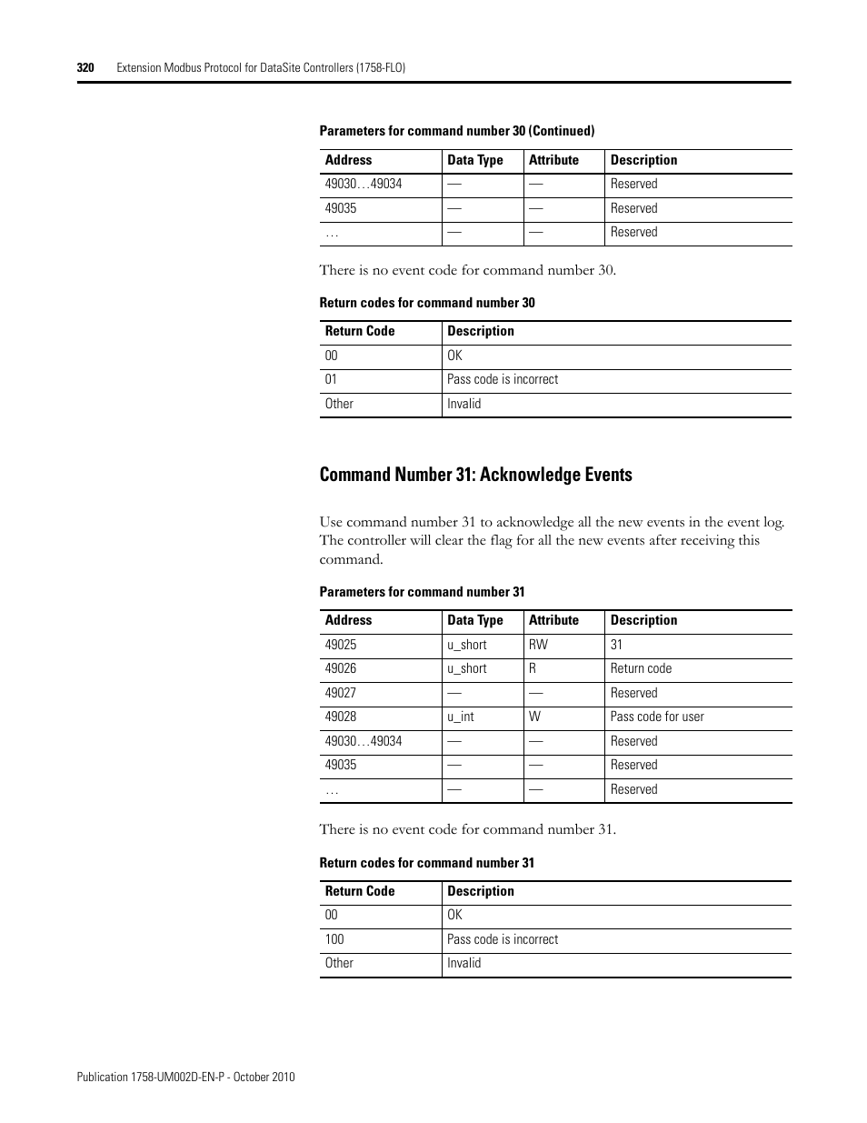 Command number 31: acknowledge events | Rockwell Automation 1758-RTU202 DataSite Software User Manual FRN 1.2 User Manual | Page 320 / 348