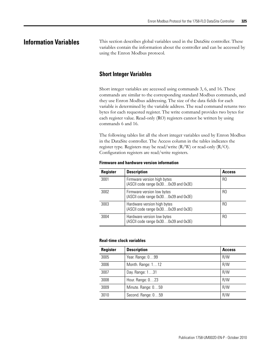Information variables, Short integer variables | Rockwell Automation 1758-RTU202 DataSite Software User Manual FRN 1.2 User Manual | Page 325 / 348