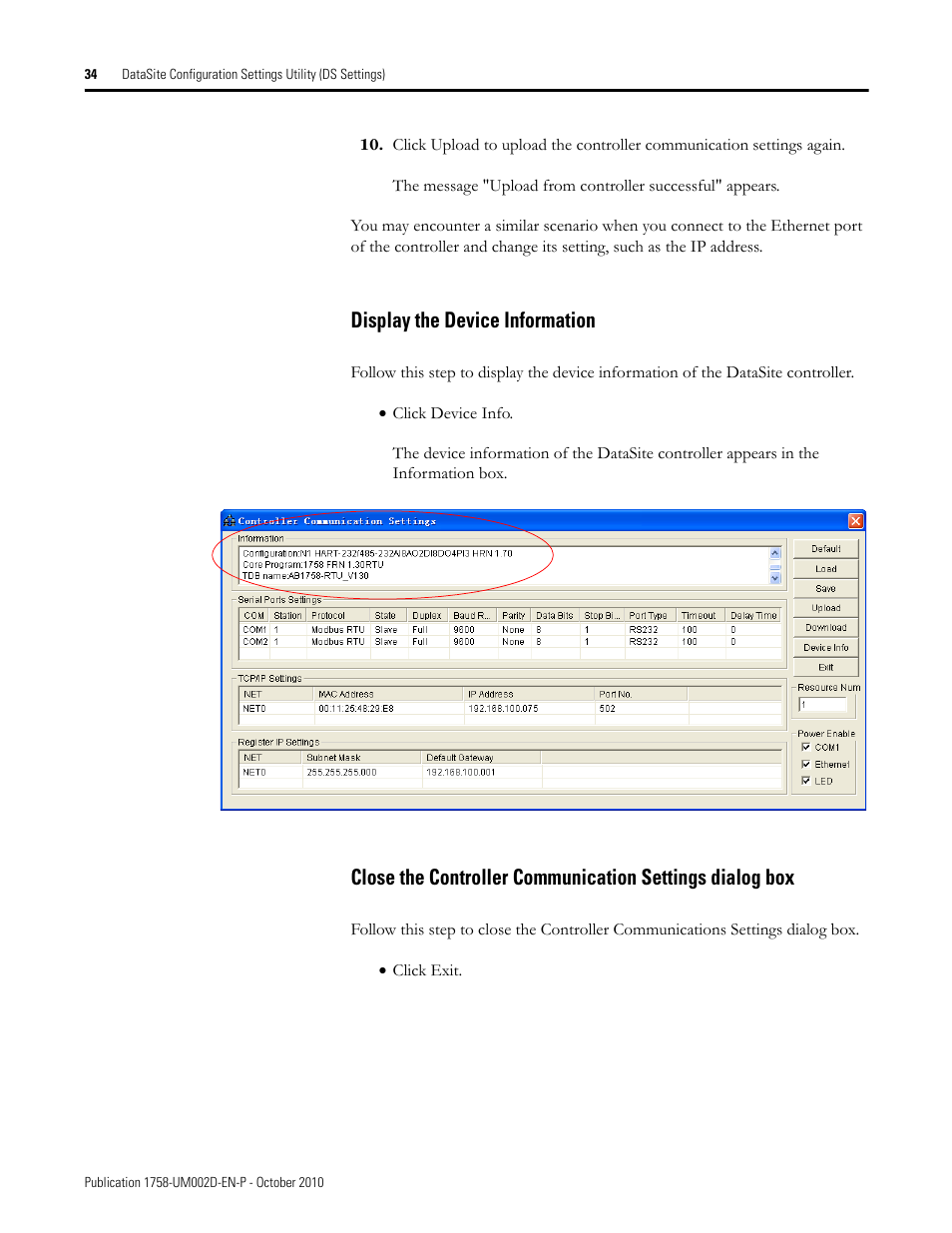 Display the device information | Rockwell Automation 1758-RTU202 DataSite Software User Manual FRN 1.2 User Manual | Page 34 / 348