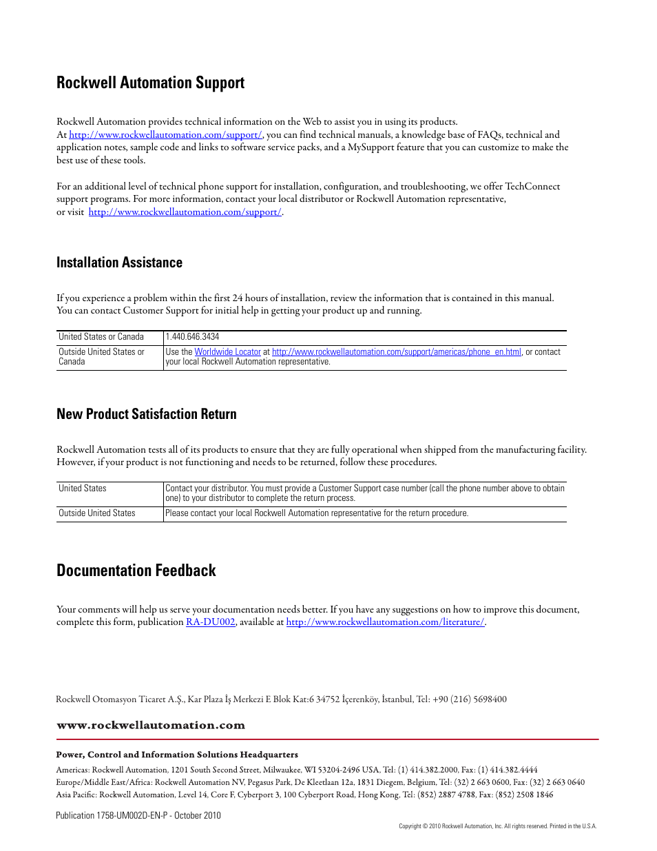 Back cover, Rockwell automation support, Documentation feedback | Installation assistance, New product satisfaction return | Rockwell Automation 1758-RTU202 DataSite Software User Manual FRN 1.2 User Manual | Page 348 / 348