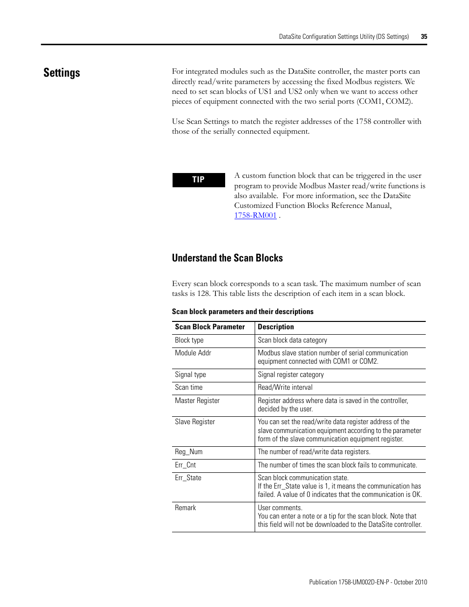 Settings, Understand the scan blocks | Rockwell Automation 1758-RTU202 DataSite Software User Manual FRN 1.2 User Manual | Page 35 / 348