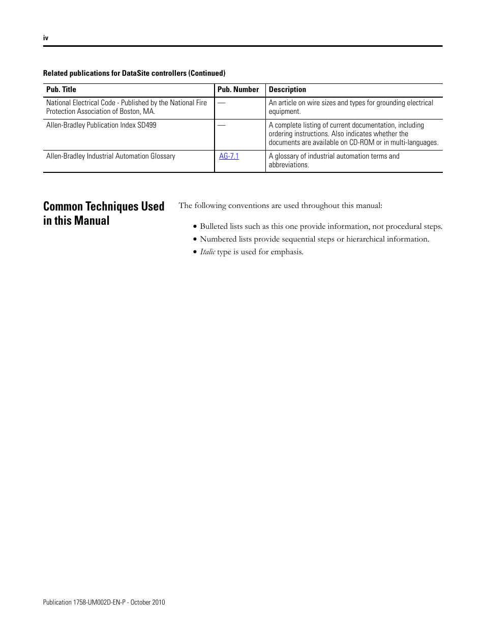 Common techniques used in this manual | Rockwell Automation 1758-RTU202 DataSite Software User Manual FRN 1.2 User Manual | Page 4 / 348