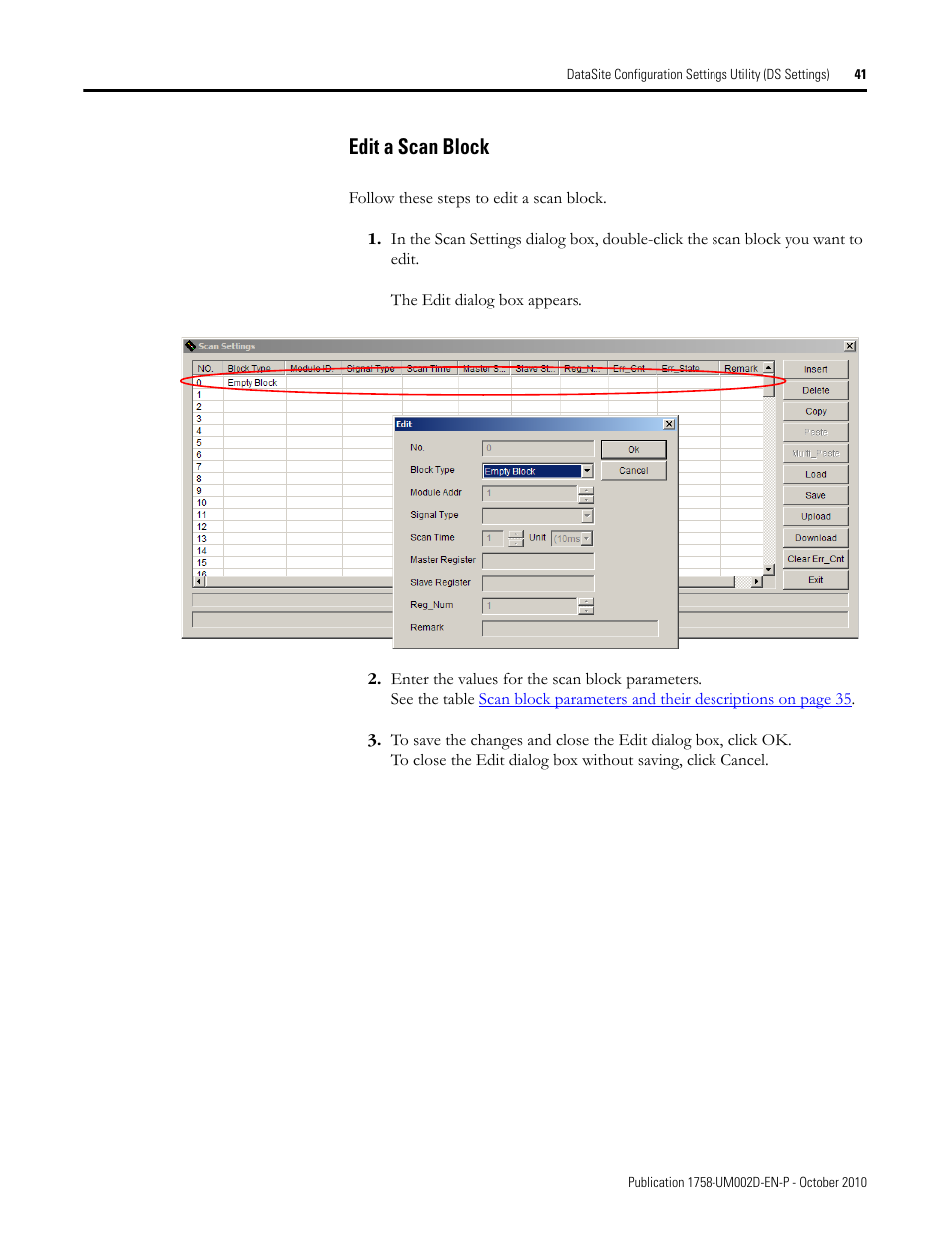 Edit a scan block | Rockwell Automation 1758-RTU202 DataSite Software User Manual FRN 1.2 User Manual | Page 41 / 348