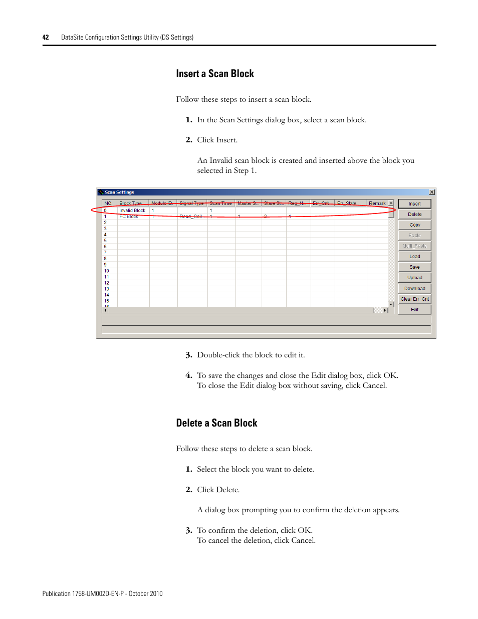 Insert a scan block, Delete a scan block, Insert a scan block delete a scan block | Rockwell Automation 1758-RTU202 DataSite Software User Manual FRN 1.2 User Manual | Page 42 / 348