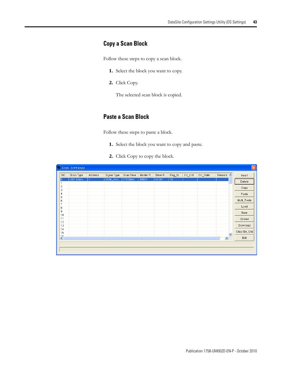 Copy a scan block, Paste a scan block, Copy a scan block paste a scan block | Rockwell Automation 1758-RTU202 DataSite Software User Manual FRN 1.2 User Manual | Page 43 / 348