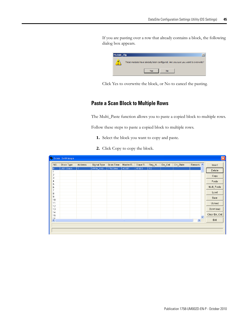 Paste a scan block to multiple rows | Rockwell Automation 1758-RTU202 DataSite Software User Manual FRN 1.2 User Manual | Page 45 / 348