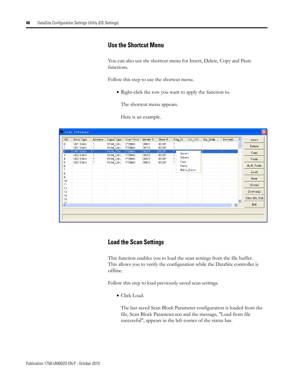 Use the shortcut menu, Load the scan settings, Use the shortcut menu load the scan settings | Rockwell Automation 1758-RTU202 DataSite Software User Manual FRN 1.2 User Manual | Page 48 / 348