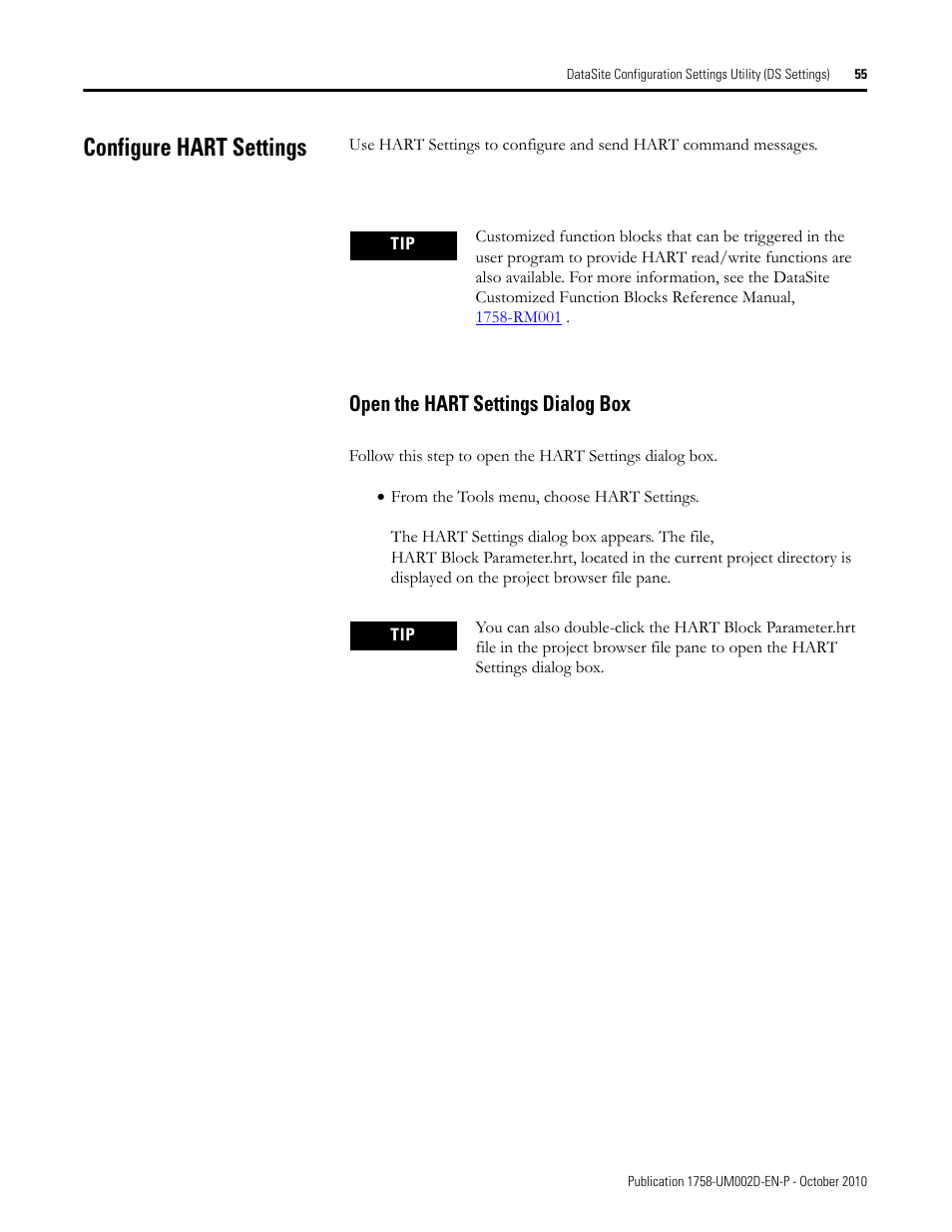 Configure hart settings, Open the hart settings dialog box | Rockwell Automation 1758-RTU202 DataSite Software User Manual FRN 1.2 User Manual | Page 55 / 348