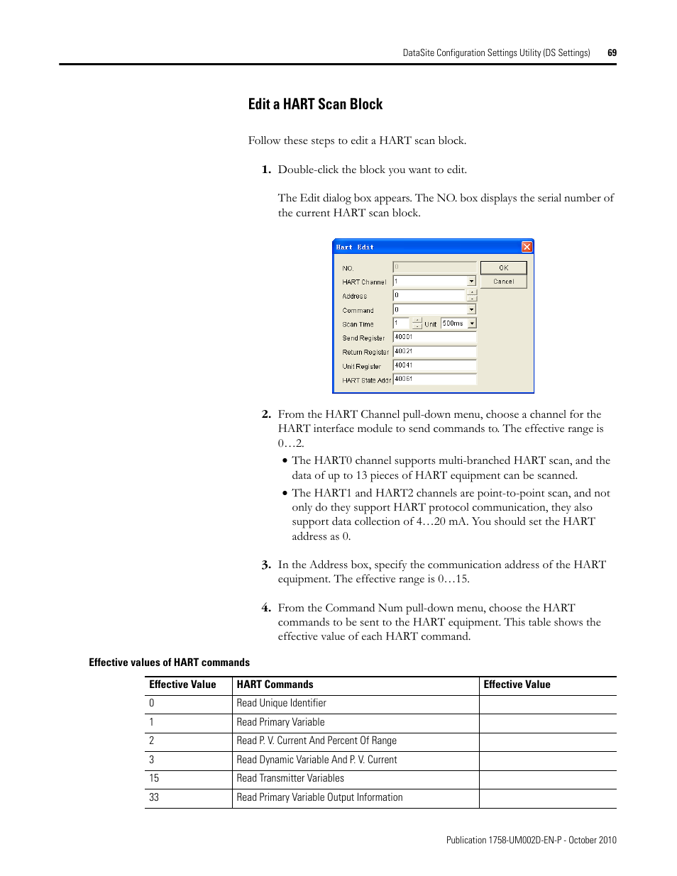 Edit a hart scan block | Rockwell Automation 1758-RTU202 DataSite Software User Manual FRN 1.2 User Manual | Page 69 / 348