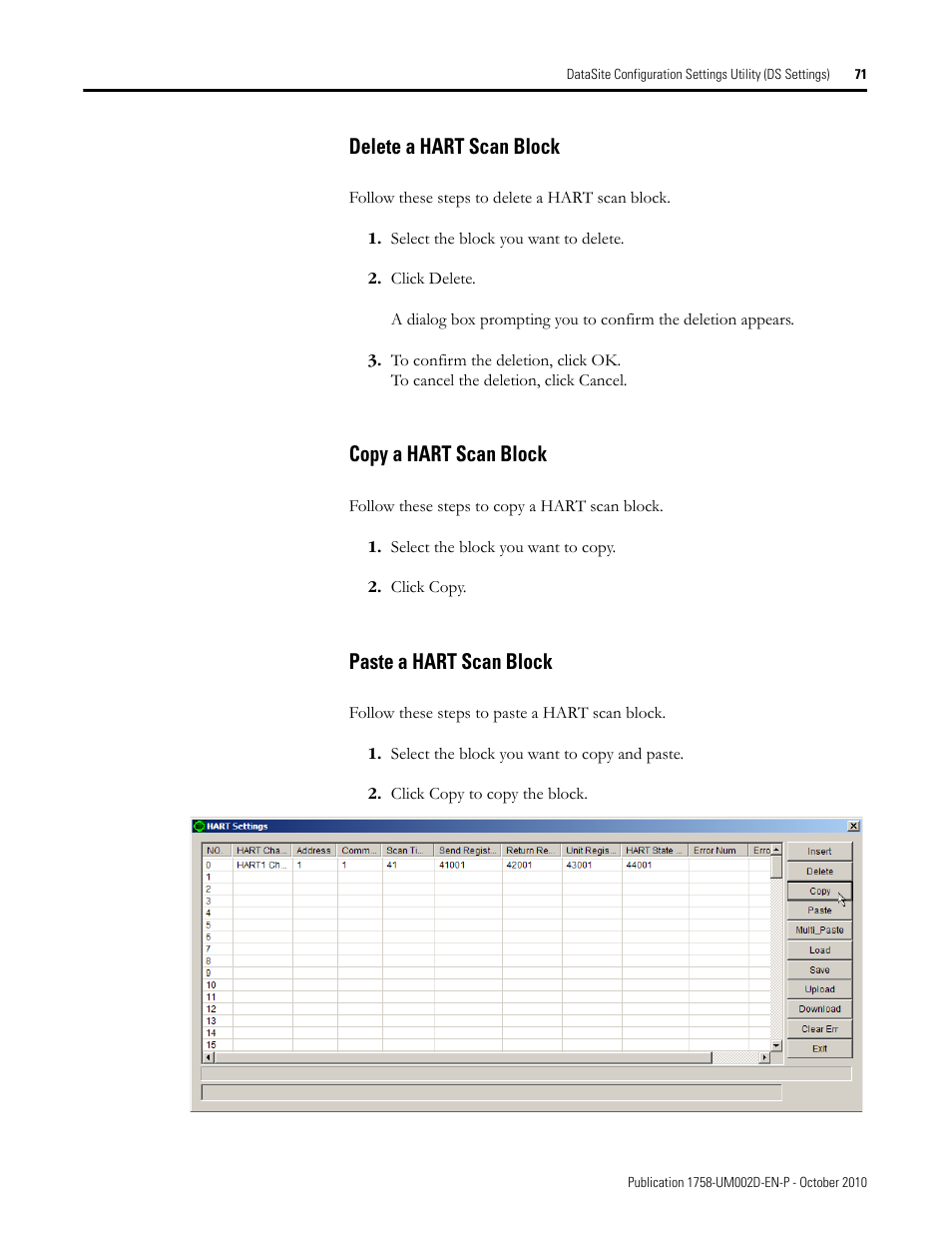 Delete a hart scan block, Copy a hart scan block, Paste a hart scan block | Rockwell Automation 1758-RTU202 DataSite Software User Manual FRN 1.2 User Manual | Page 71 / 348