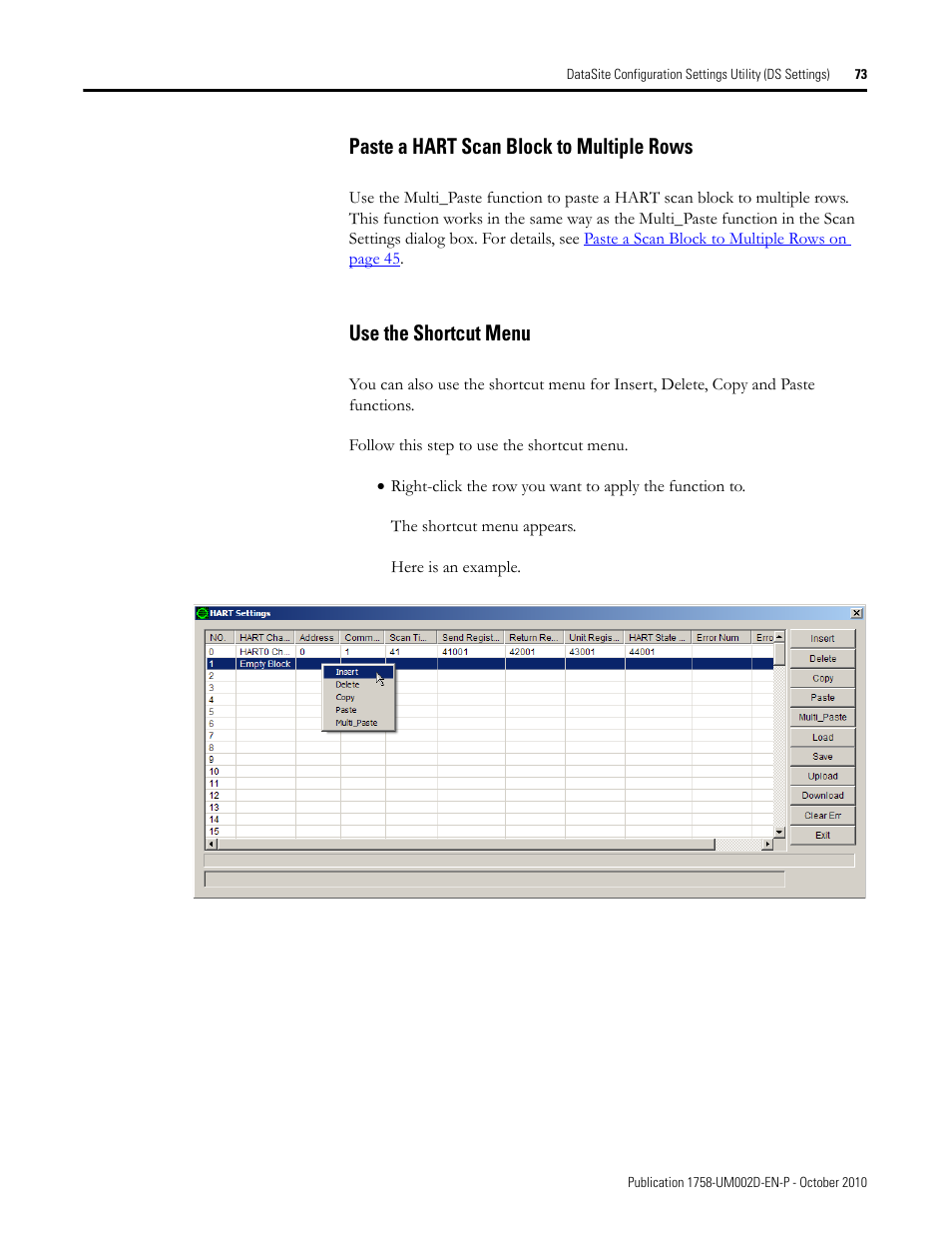 Paste a hart scan block to multiple rows, Use the shortcut menu | Rockwell Automation 1758-RTU202 DataSite Software User Manual FRN 1.2 User Manual | Page 73 / 348
