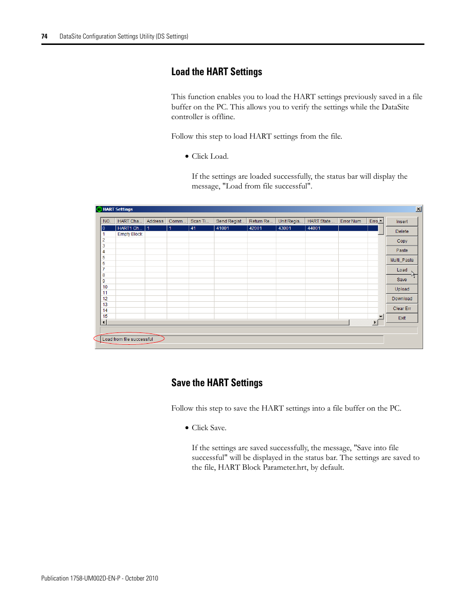 Load the hart settings, Save the hart settings, Load the hart settings save the hart settings | Rockwell Automation 1758-RTU202 DataSite Software User Manual FRN 1.2 User Manual | Page 74 / 348