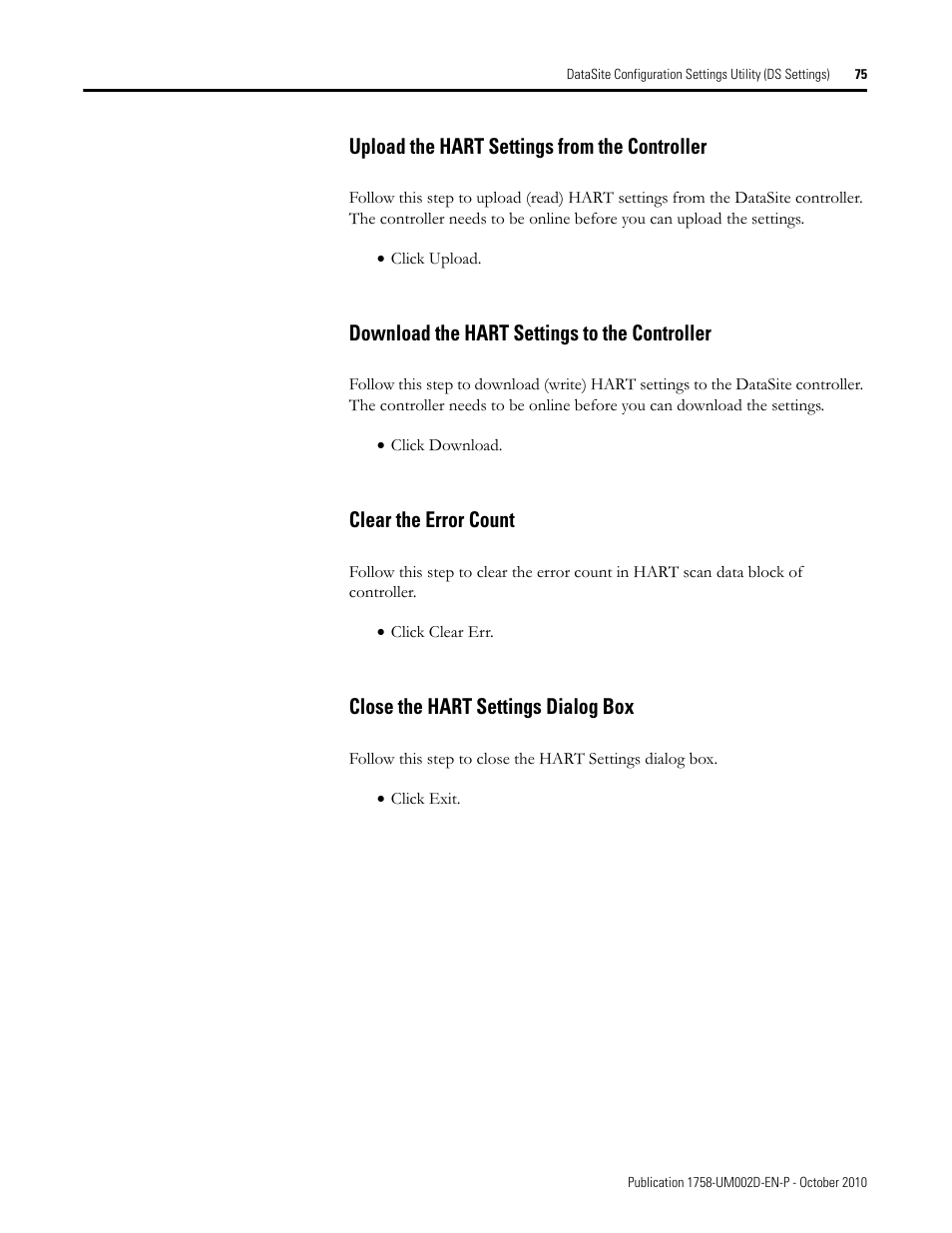 Upload the hart settings from the controller, Download the hart settings to the controller, Clear the error count | Close the hart settings dialog box | Rockwell Automation 1758-RTU202 DataSite Software User Manual FRN 1.2 User Manual | Page 75 / 348