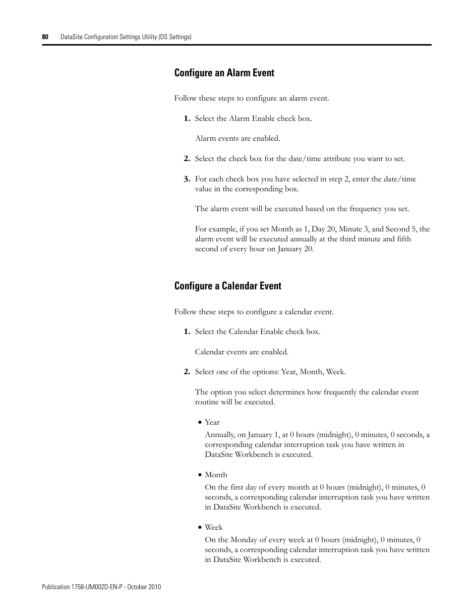 Configure an alarm event, Configure a calendar event | Rockwell Automation 1758-RTU202 DataSite Software User Manual FRN 1.2 User Manual | Page 80 / 348