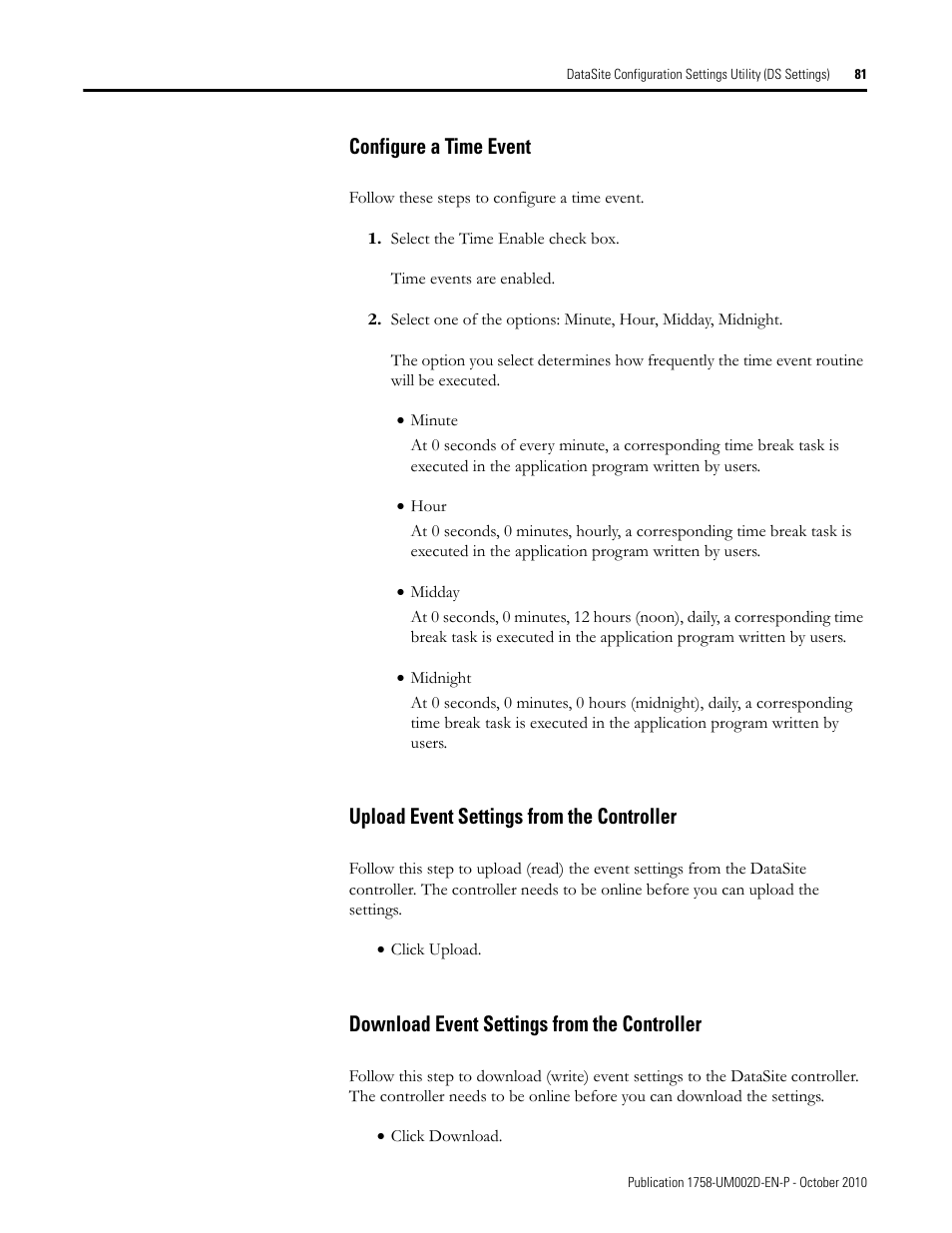 Configure a time event, Upload event settings from the controller, Download event settings from the controller | Rockwell Automation 1758-RTU202 DataSite Software User Manual FRN 1.2 User Manual | Page 81 / 348