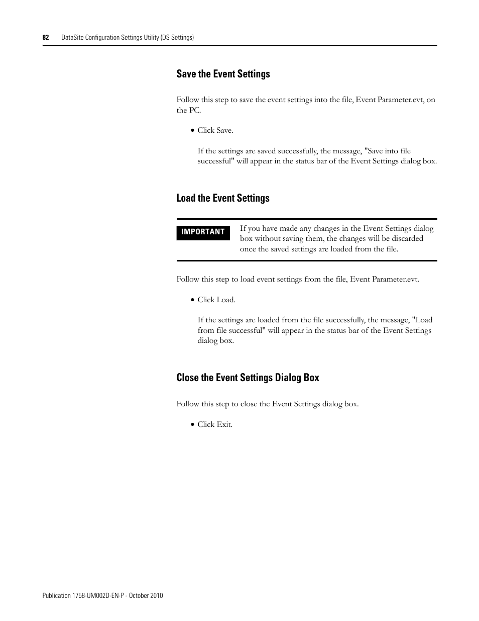 Save the event settings, Load the event settings, Close the event settings dialog box | Rockwell Automation 1758-RTU202 DataSite Software User Manual FRN 1.2 User Manual | Page 82 / 348