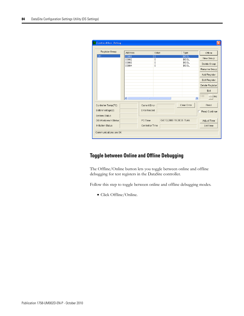 Toggle between online and offline debugging | Rockwell Automation 1758-RTU202 DataSite Software User Manual FRN 1.2 User Manual | Page 84 / 348