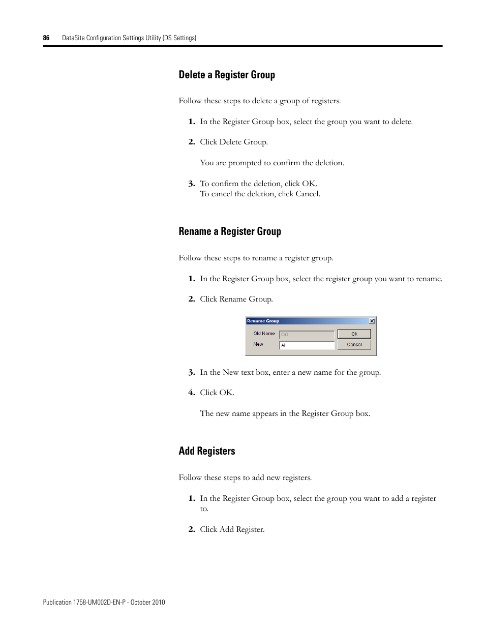 Delete a register group, Rename a register group, Add registers | Rockwell Automation 1758-RTU202 DataSite Software User Manual FRN 1.2 User Manual | Page 86 / 348